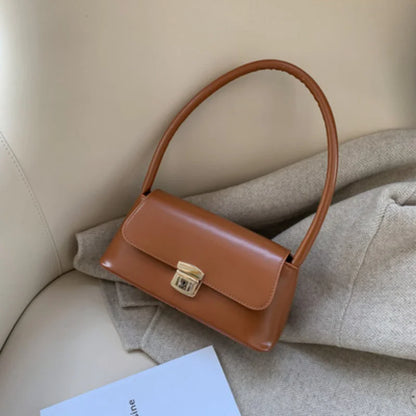 PU Leather Shoulder Bag with Gold-Tone Lock Closure