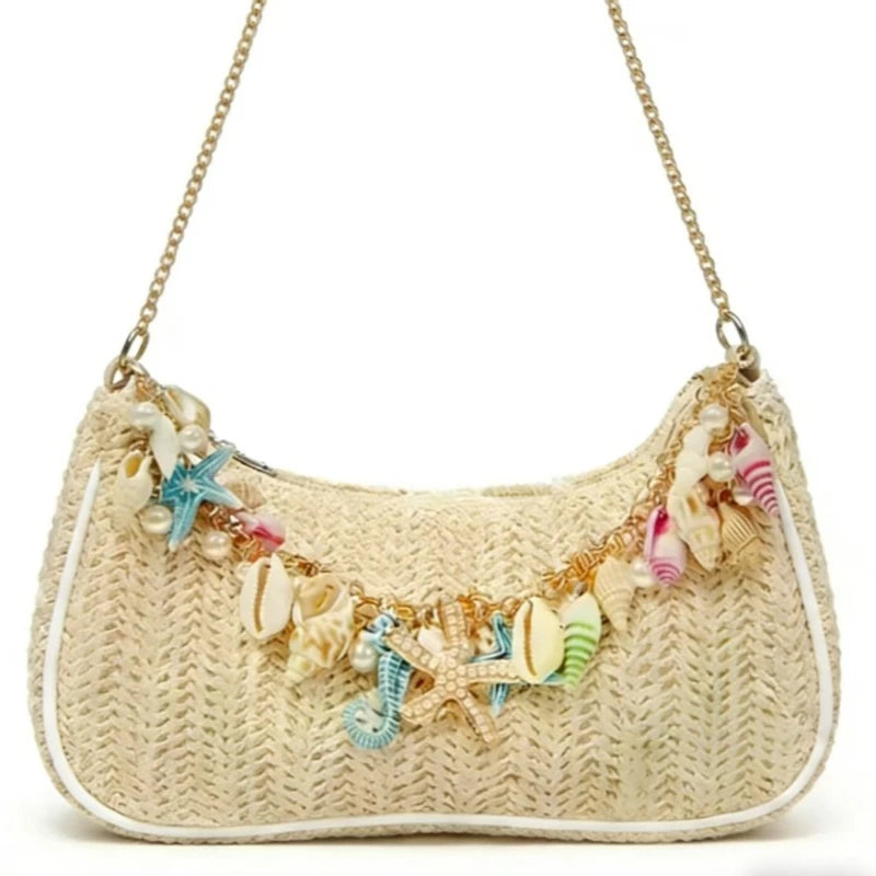 Straw Shoulder Bag with Ocean Shell & Starfish Charms