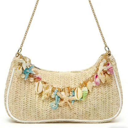 Straw Shoulder Bag with Ocean Shell & Starfish Charms