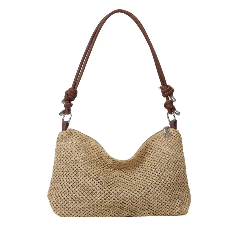 Straw Woven Shoulder Bag with Knotted Leather Handle