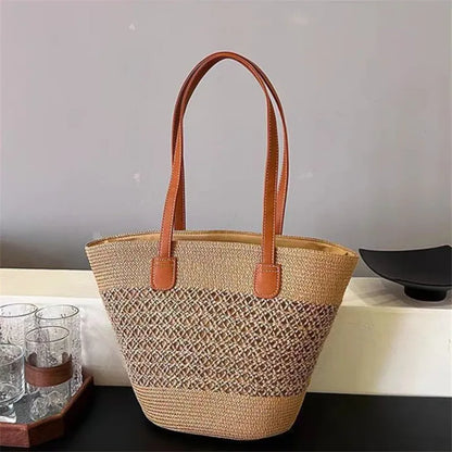 Summer Beach Casual Handbag Shoulder Bag Women Striped Straw Tote Bags Leather Handles