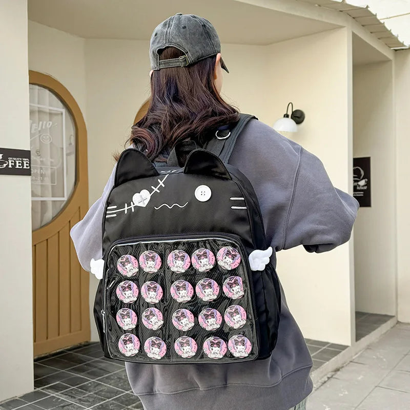 Kawaii Cat Ita Bag Backpack with Pin Display Pocket – Y2K Harajuku Style