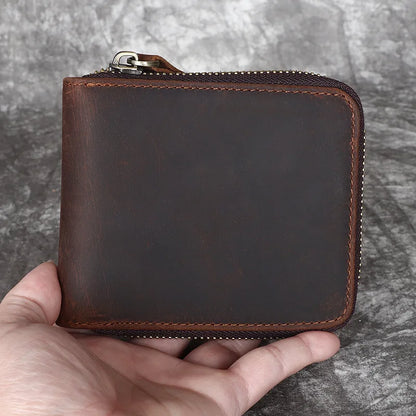 Crazy Horse Leather Men S Zipper Wallet Vertical Style Genuine Leather Cowhide Retro Handmade Change