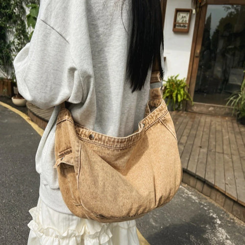 Denim Crossbody Bag for Women – Vintage Washed Wide Strap Shoulder Tote