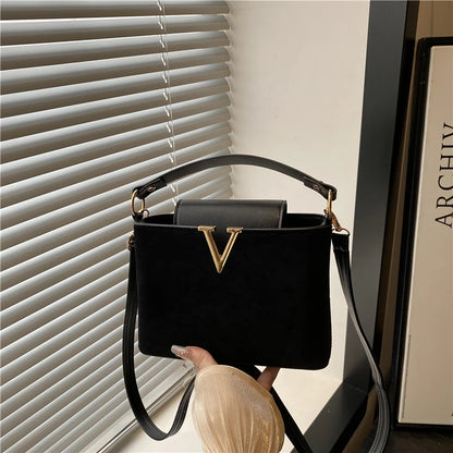 Mini Suede Crossbody Bag with Gold V-Buckle