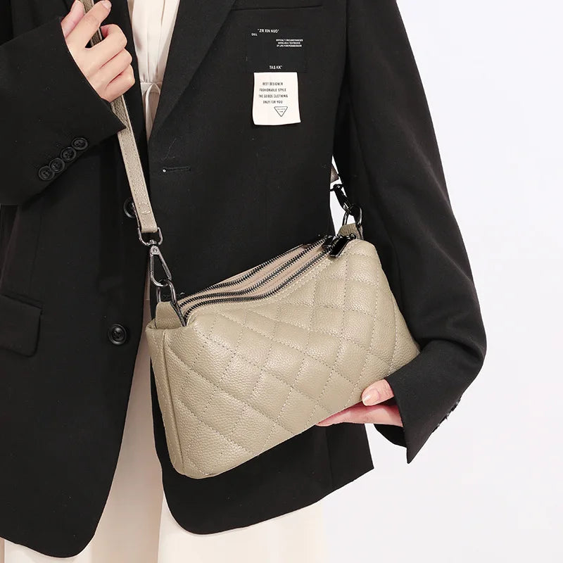 Leather Rhomb Shoulder Bag Women Simple Casual Soft Zipper Large Capacity Cowhide Crossbody - Soft