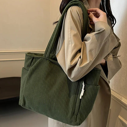 Corduroy Daily Handbag Fashionable Versatile Shoulder Bag Women Multi-Compartment Zipper Closure