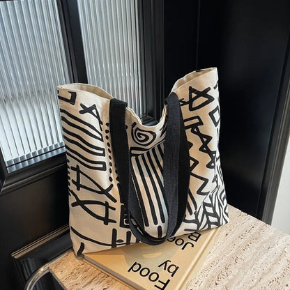 Large Canvas Tote Bag – Printed Stripe Pattern Shoulder Handbag