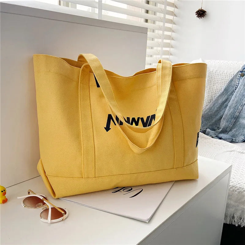 Large Canvas Tote Bag with Letter Print – Oversized Shoulder Bag