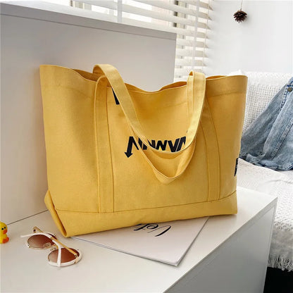 Large Canvas Tote Bag with Letter Print – Oversized Shoulder Bag