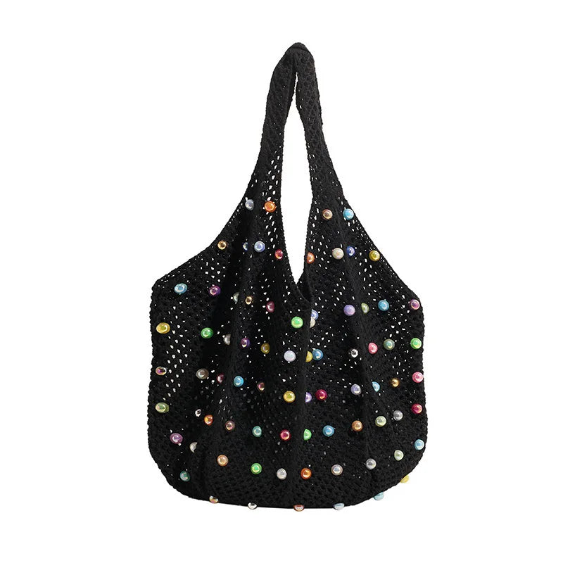 Beaded Crochet Tote Bag – Large Capacity Knit Mesh Shoulder Bag