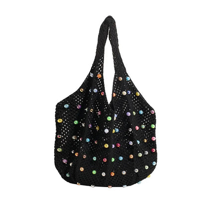 Beaded Crochet Tote Bag – Large Capacity Knit Mesh Shoulder Bag