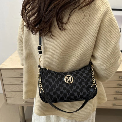 Chic Monogram Print Beige Shoulder Bag Small Crossbody Handbag Gold Chain Accent Woman Everyday