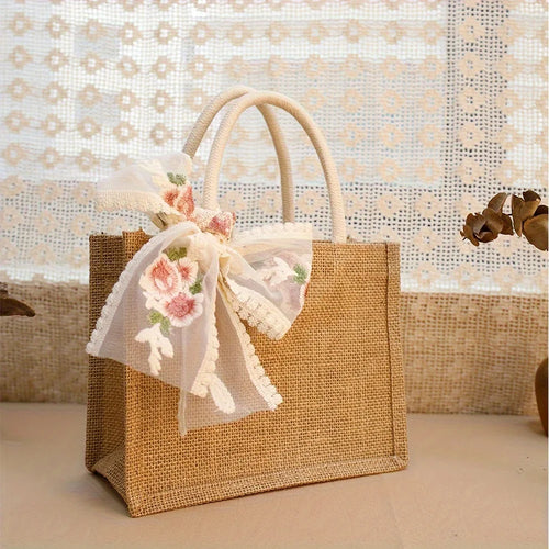 Burlap Jute Tote Bag with Lace Ribbon – Reusable Gift & Shopping Bag