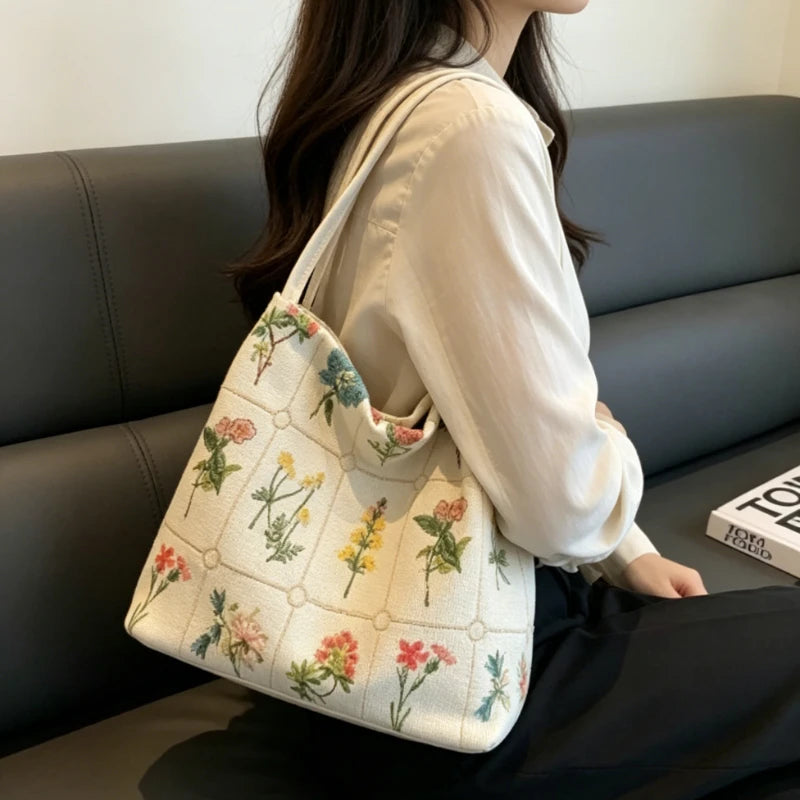 Floral Embroidery Corduroy Tote Bag – Large Capacity Shoulder Purse
