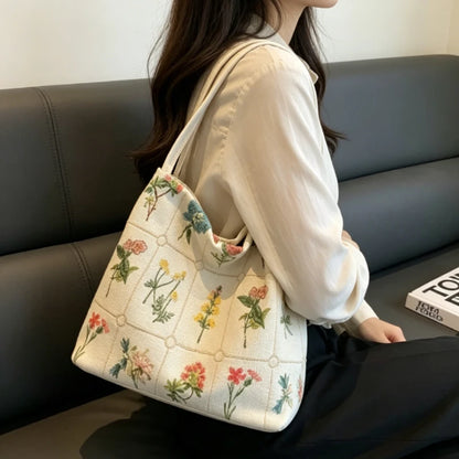 Floral Embroidery Corduroy Tote Bag – Large Capacity Shoulder Purse