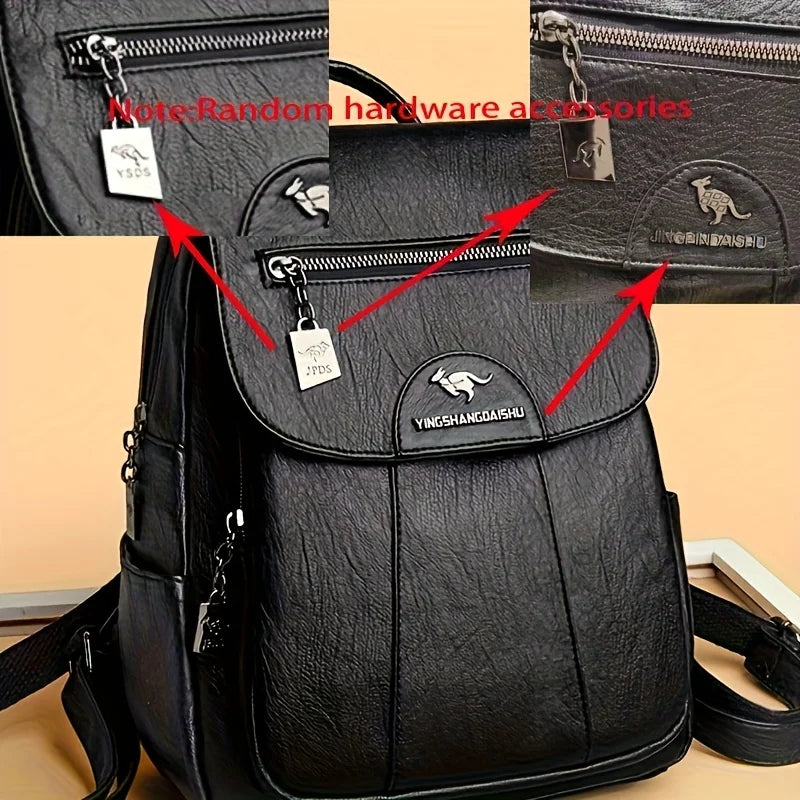 Faux Leather Women's Backpack – Large Capacity Casual Flap Bag