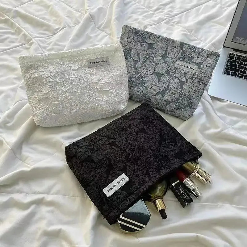 Floral Embossed Cosmetic Bag – Large Capacity Makeup Pouch