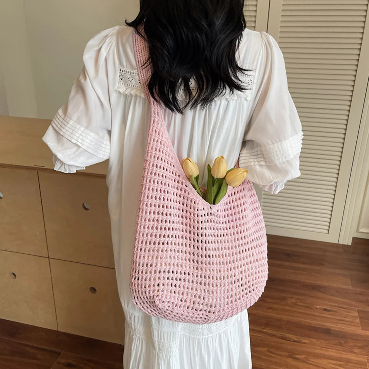 Minimalist Leisure Crochet Shoulder Bag Beach Hollow Women Handbag Solid Color Woven Totes Summer