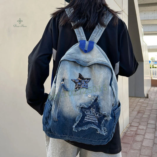 Y2K Star Patch Denim Backpack – Large Capacity School Bag