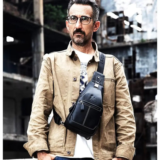 Men S Leather Chest Bag Retro Casual Shoulder Large Capacity Mobile Phone Storage Head Layer Cowhide