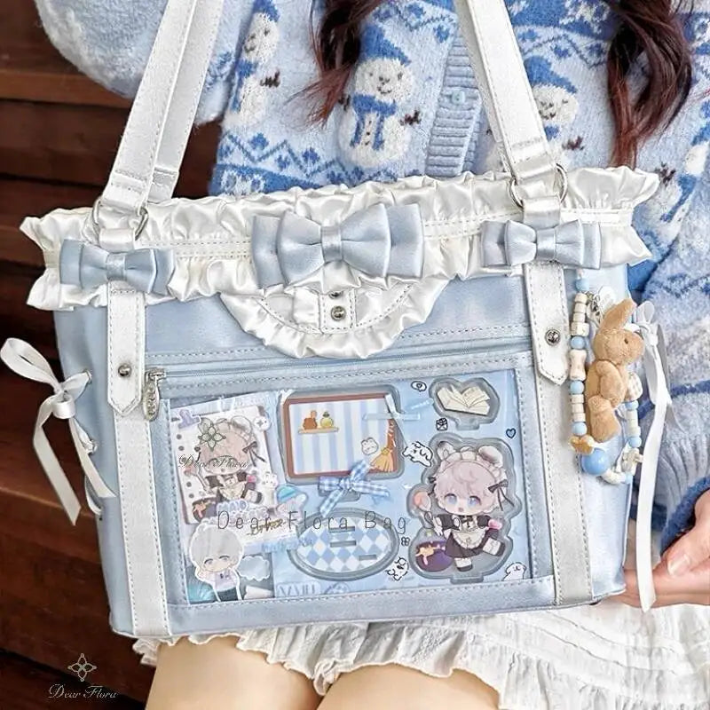 Japanese Sweet Women Ribbon Ita Bag Cute Lolita Girl Transparent Handbags Large Capacity Tote