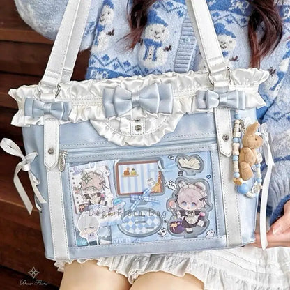 Japanese Sweet Women Ribbon Ita Bag Cute Lolita Girl Transparent Handbags Large Capacity Tote
