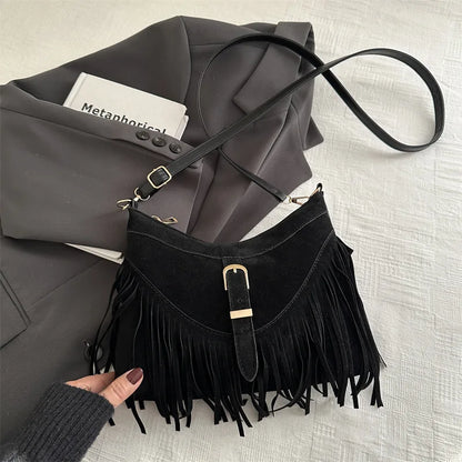Suede Tassel Shoulder Bag for Women – Boho Fringe Crossbody