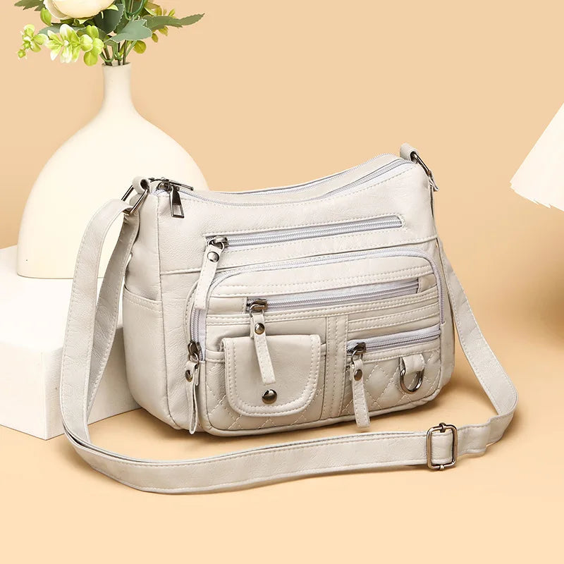 Leather Multi-Pocket Crossbody Bag Women Zipper Shoulder Bag