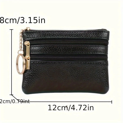 Leather Multi Zipper Pouch Mini Coin Purse Keyring Split Pocket Compact Card Cash Storage Wallet