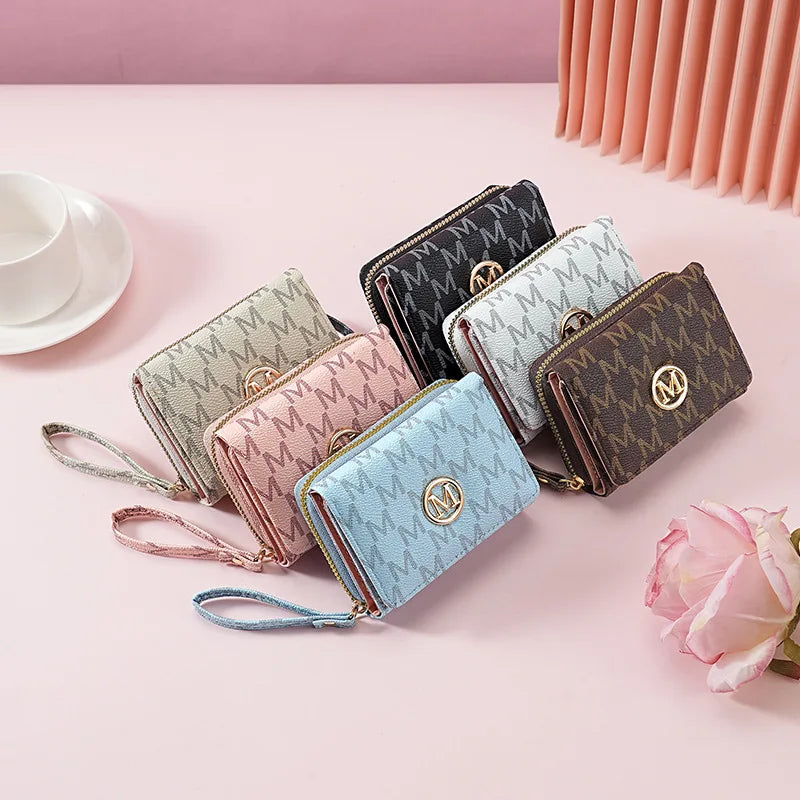 Threefold Zipper Wallet Letter Pattern Stylish Multi Color Card Holders Wrist Straps