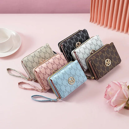 Threefold Zipper Wallet Letter Pattern Stylish Multi Color Card Holders Wrist Straps