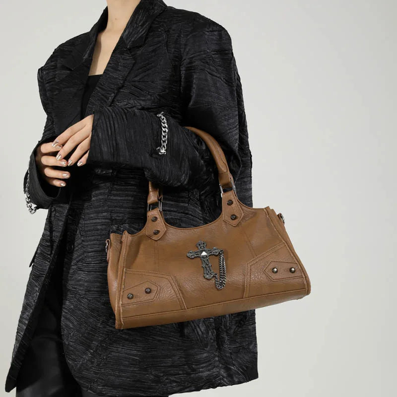 Gothic Shoulder Bag – Vintage Faux Leather Cross Chain Handbag