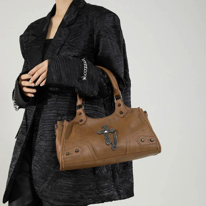 Gothic Shoulder Bag – Vintage Faux Leather Cross Chain Handbag