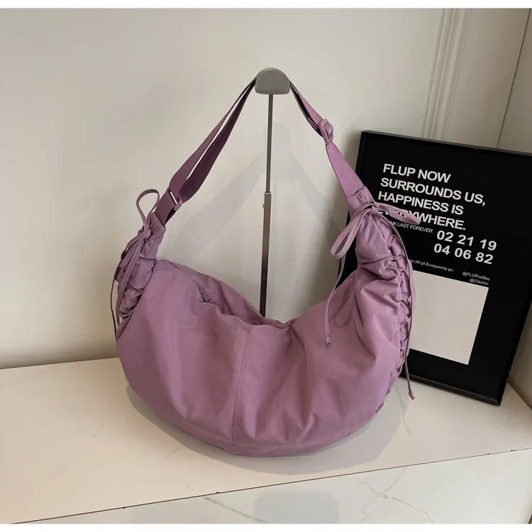 Nylon Crossbody Bag – Soft Drawstring Crescent Shoulder Bag for Women