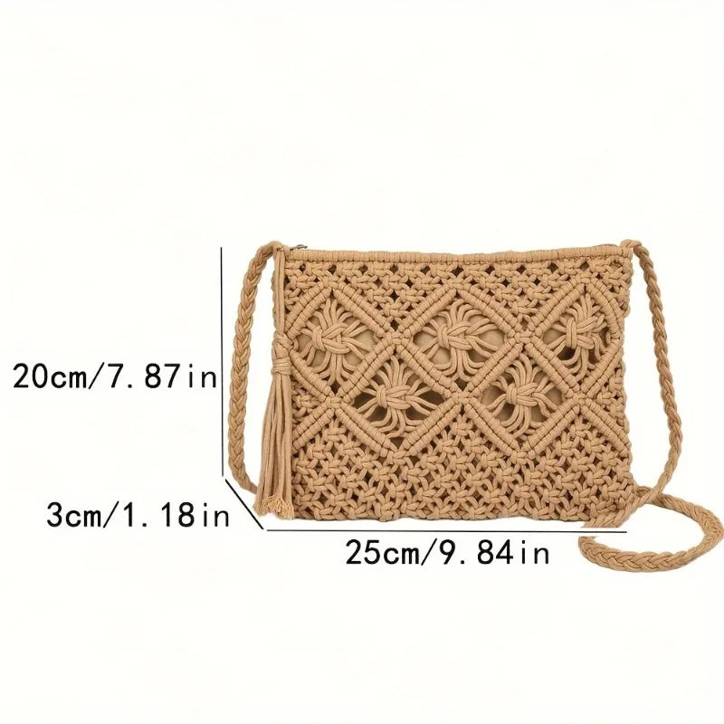 Bohemian Woven Rope Crossbody Bag with Tassel Detail