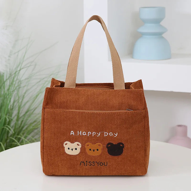 Corduroy Embroidered Bear Tote Bag Stylish Cosmetic Storage Handbag