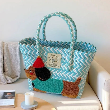 Cute Dachshund Woven Tote Bag Lightweight Striped Basket Bag Embroidered Dog Beach
