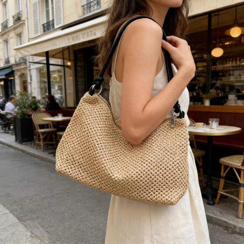 Straw Woven Shoulder Bag with Knotted Leather Handle