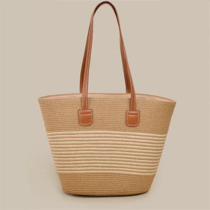 Summer Beach Casual Handbag Shoulder Bag Women Striped Straw Tote Bags Leather Handles