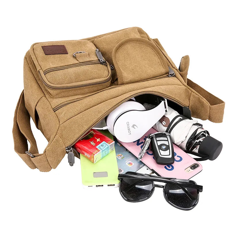 Men's Vintage Canvas Crossbody Bag – Multi-Pocket Messenger Shoulder Bag