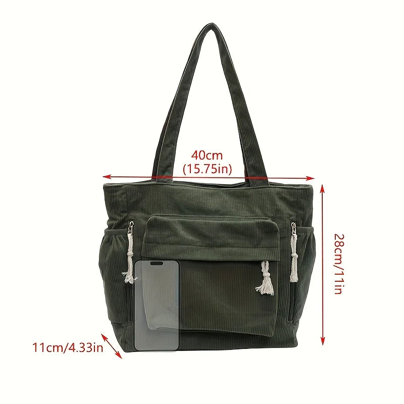 Corduroy Tote Bag for Women – Large Capacity Multi-Compartment Shoulder Bag