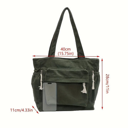 Corduroy Tote Bag for Women – Large Capacity Multi-Compartment Shoulder Bag