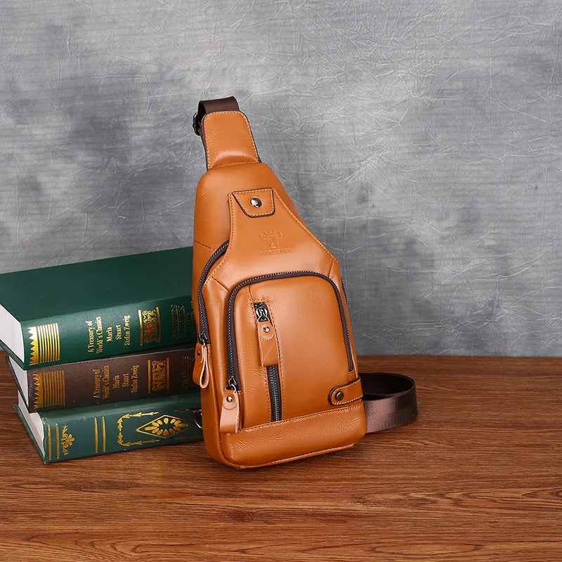 Top-Grain Cowhide Men S Chest Bag Retro Oil-Wax Cowhide Fashionable Genuine Leather Crossbody Chest