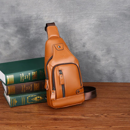 Top-Grain Cowhide Men S Chest Bag Retro Oil-Wax Cowhide Fashionable Genuine Leather Crossbody Chest