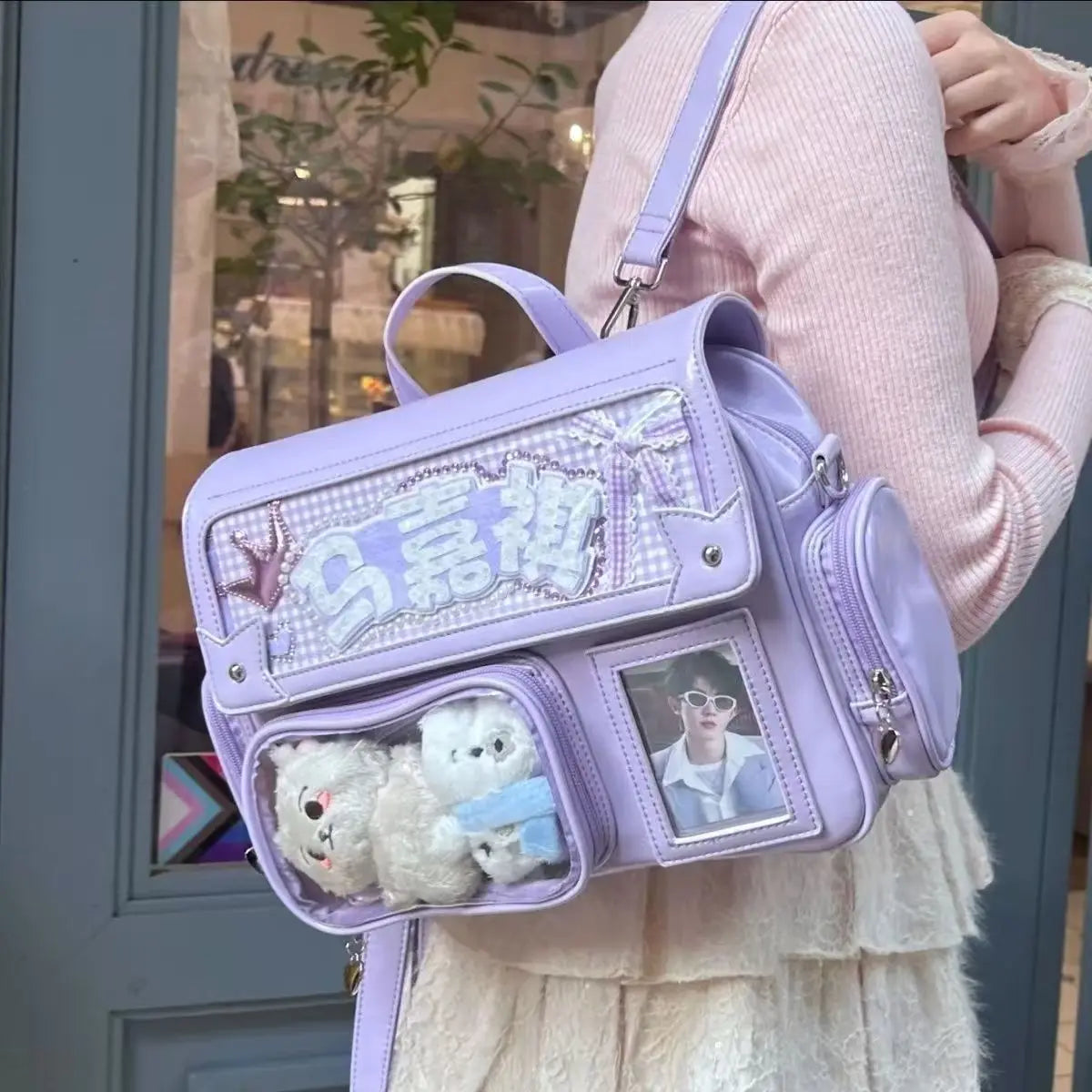 Y2k Cute Ita Bag Harajuku Large Capacity Japanese Solid Color Backpack Women Square Leather Anime