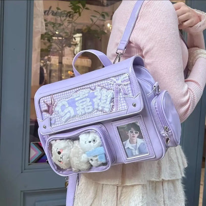 Y2k Cute Ita Bag Harajuku Large Capacity Japanese Solid Color Backpack Women Square Leather Anime