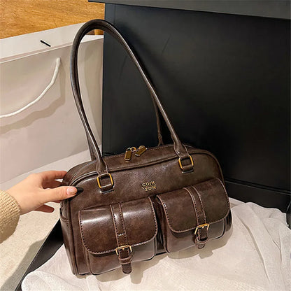 Multi-Pocket PU Leather Shoulder Bag with Decorative Charm