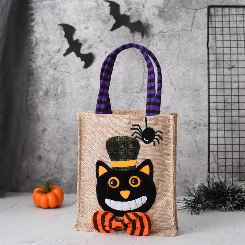Halloween Linen Tote Bag – Trick or Treat Candy Bag with Fun Graphics