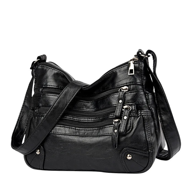 Soft Vegan Leather Crossbody Bag with Multi-Zipper Pockets